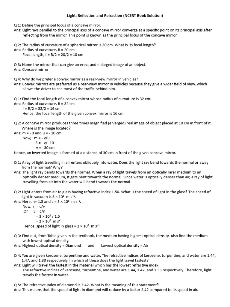 Reflection and Refraction NCERT Book Solution | PDF | Mirror ...