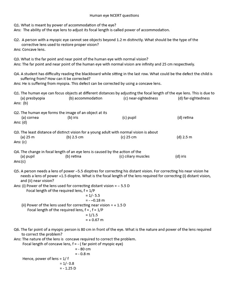 Class 10 Human Eye Ncert Solutions