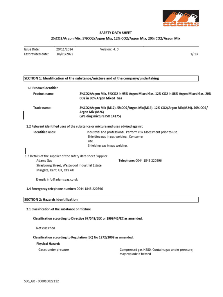 CO2 Argon Mix Gas Safety Data Sheet PDF Firefighting Personal