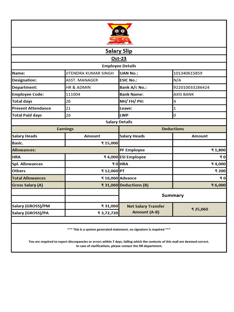 Salary slip jitendra kumar singh oct 23 pdf employment