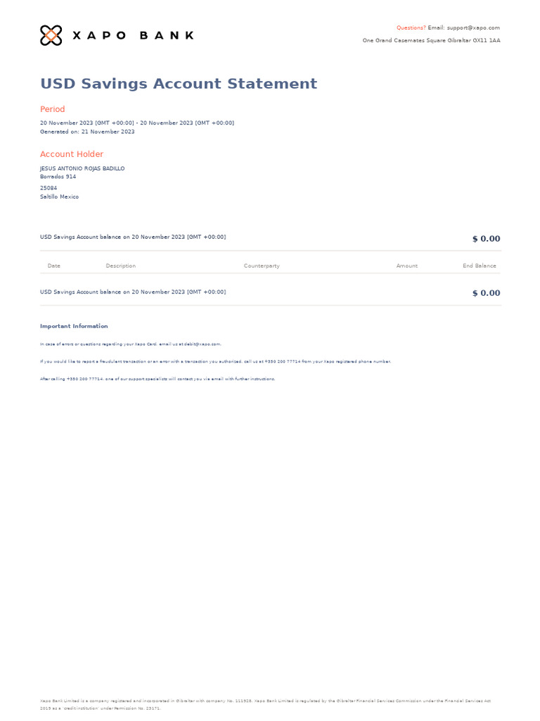 Xapo USD Savings Account Statement | PDF | Finance & Money Management