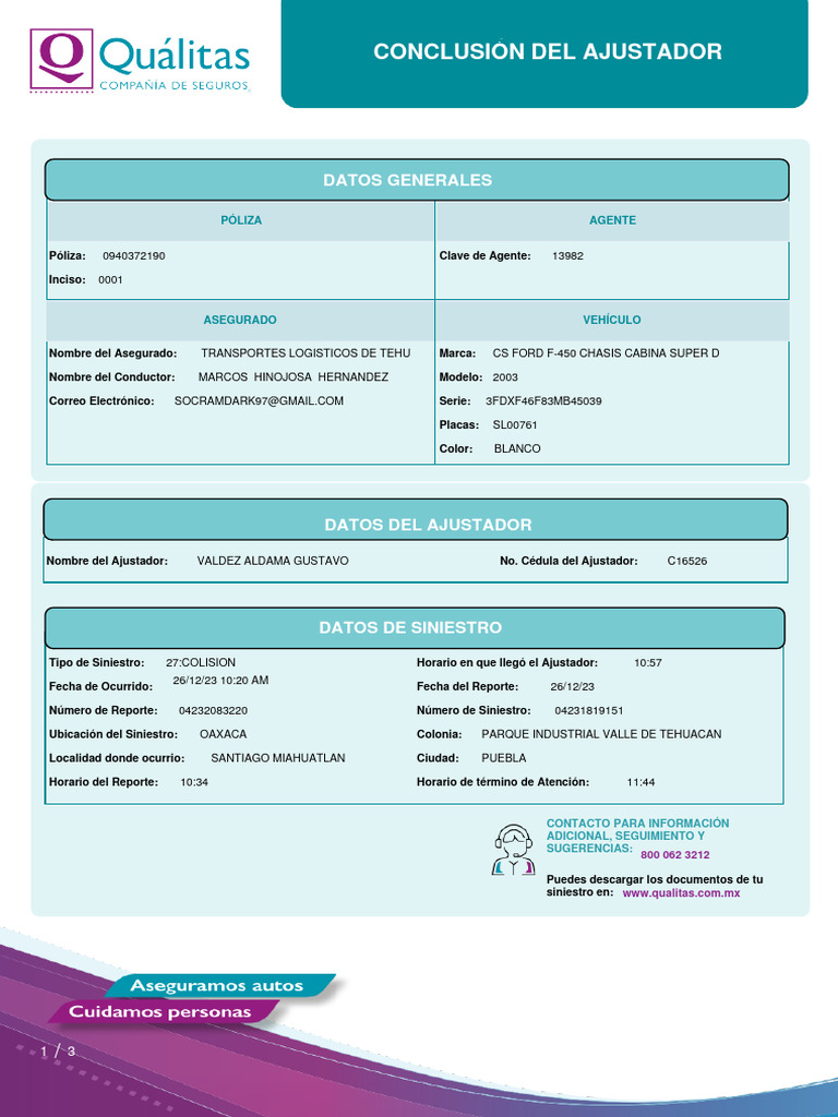 Informe de Siniestro y Ajustador Qualitas | PDF | Póliza de seguros ...