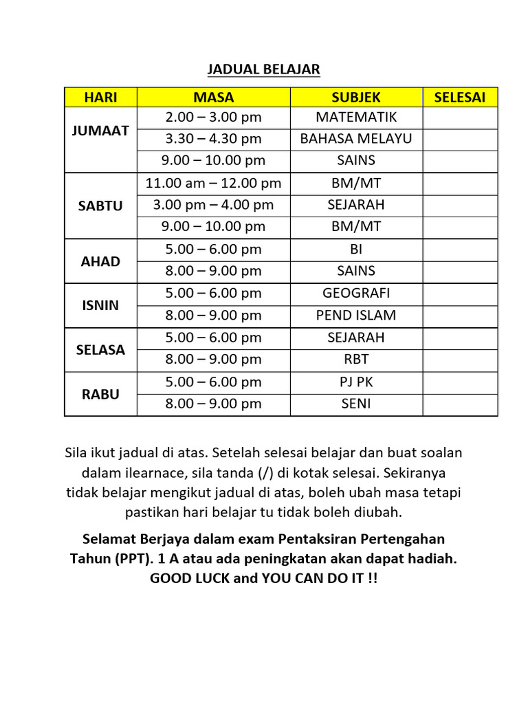Jadual Belajar Pdf