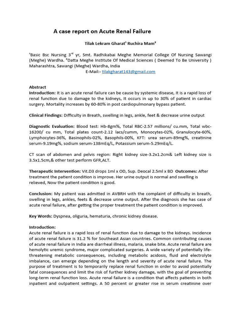 Tilak Gharat Case Report On Acute Renal Failure | PDF | Kidney | Sepsis