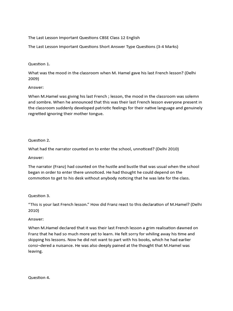 Last French Lesson: Key Questions & Answers | PDF | Teachers | Classroom