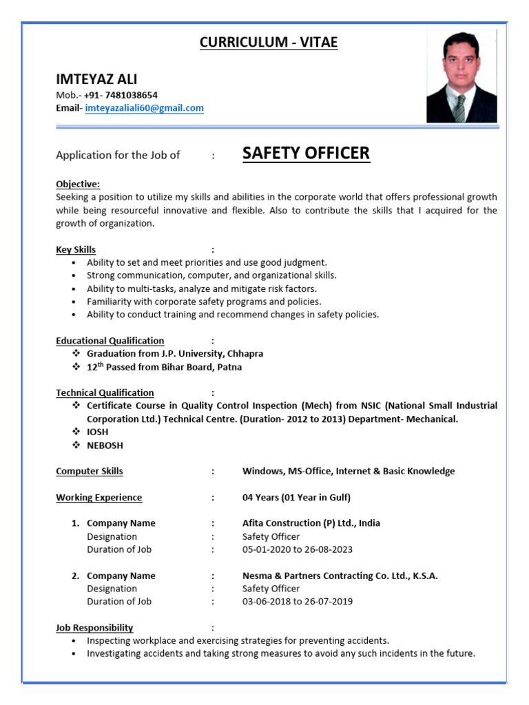 Imteyaz Ali: Safety Officer CV | PDF | Safety | Occupational Safety And ...