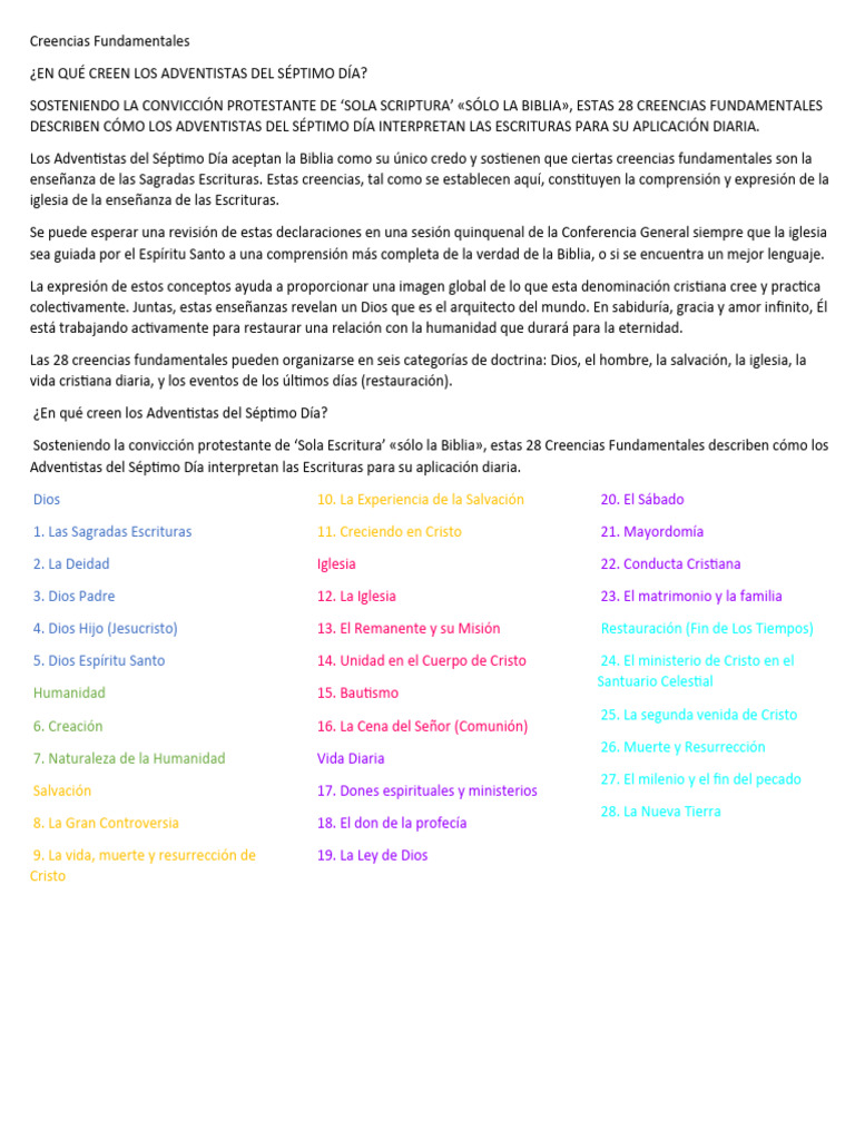 Creencias Fundamentales | PDF | Iglesia Adventista del Séptimo Día | Jesús