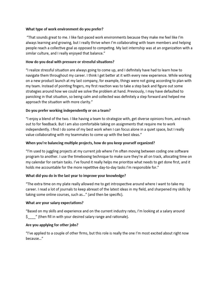 Work Environment Preferences and Strategies | PDF | Career & Growth ...