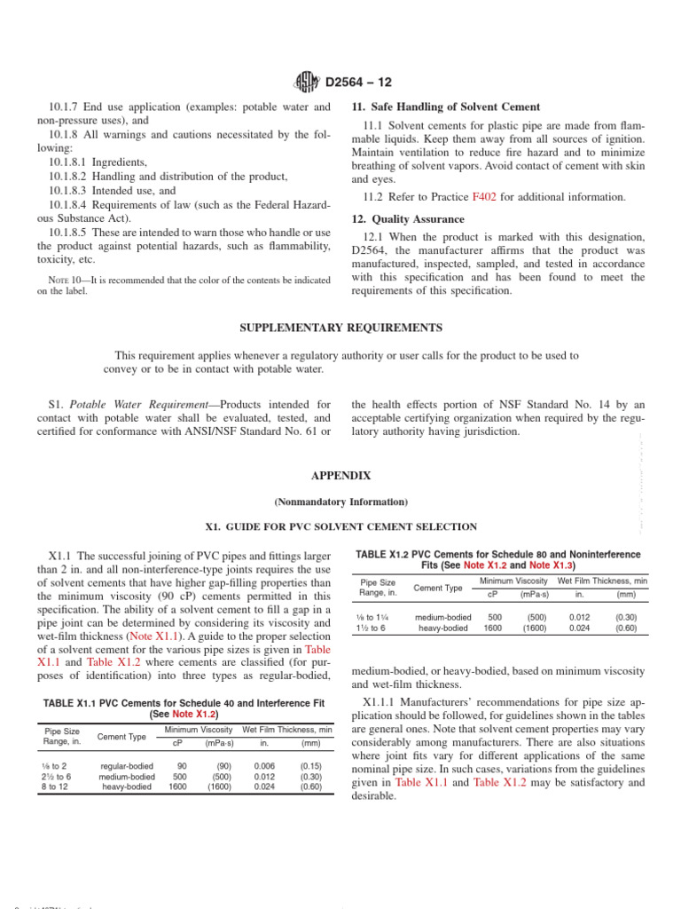ASTM D256412 Solvent Cements For Poly (Vinyl Chloride) (PVC) Plastic