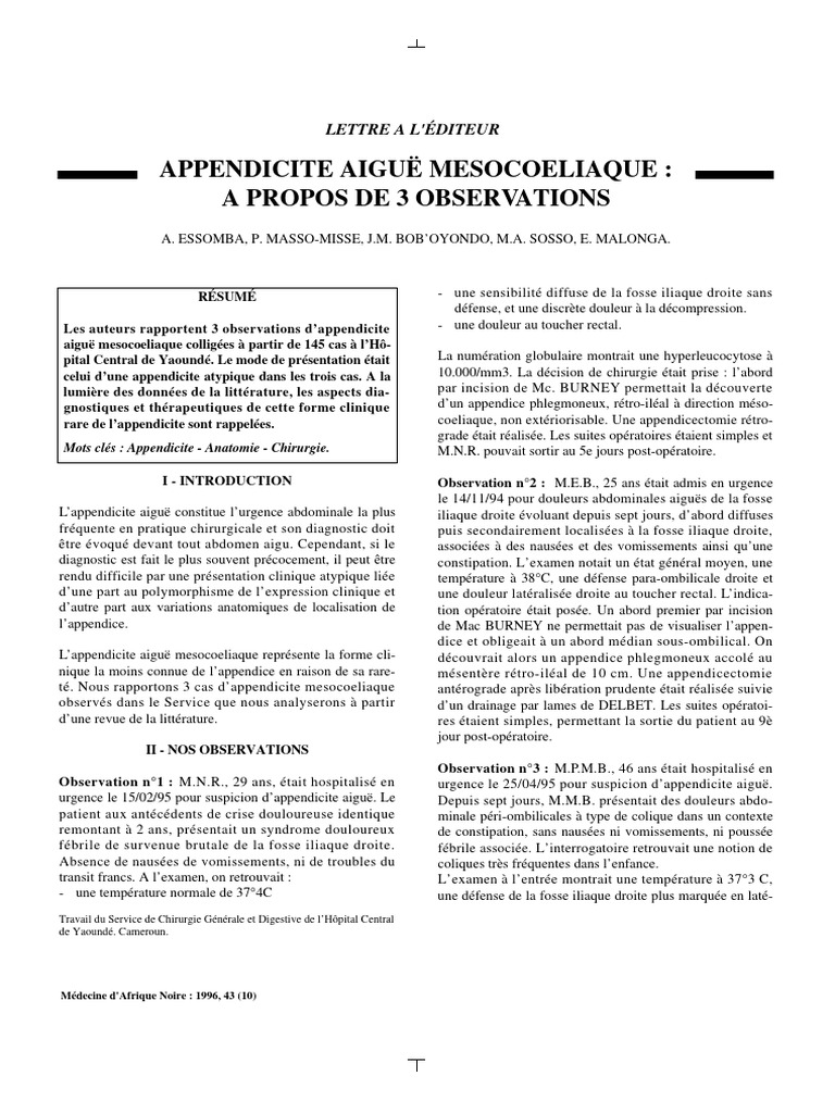 Appendicite Mésocoeliaque - Copie | PDF | Symptômes et signes ...