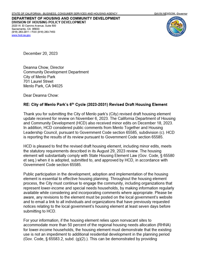 Menlo Park's Updated Housing Element PDF Government The United States