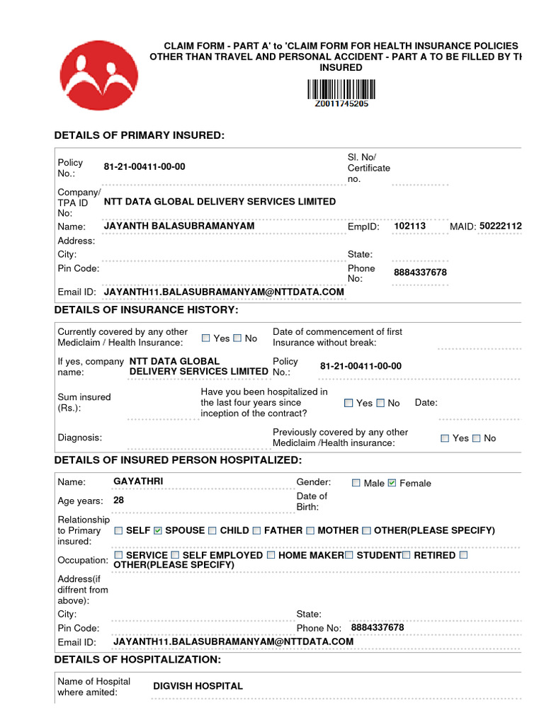 Health Insurance Claim Form Part A | PDF | Finance & Money Management