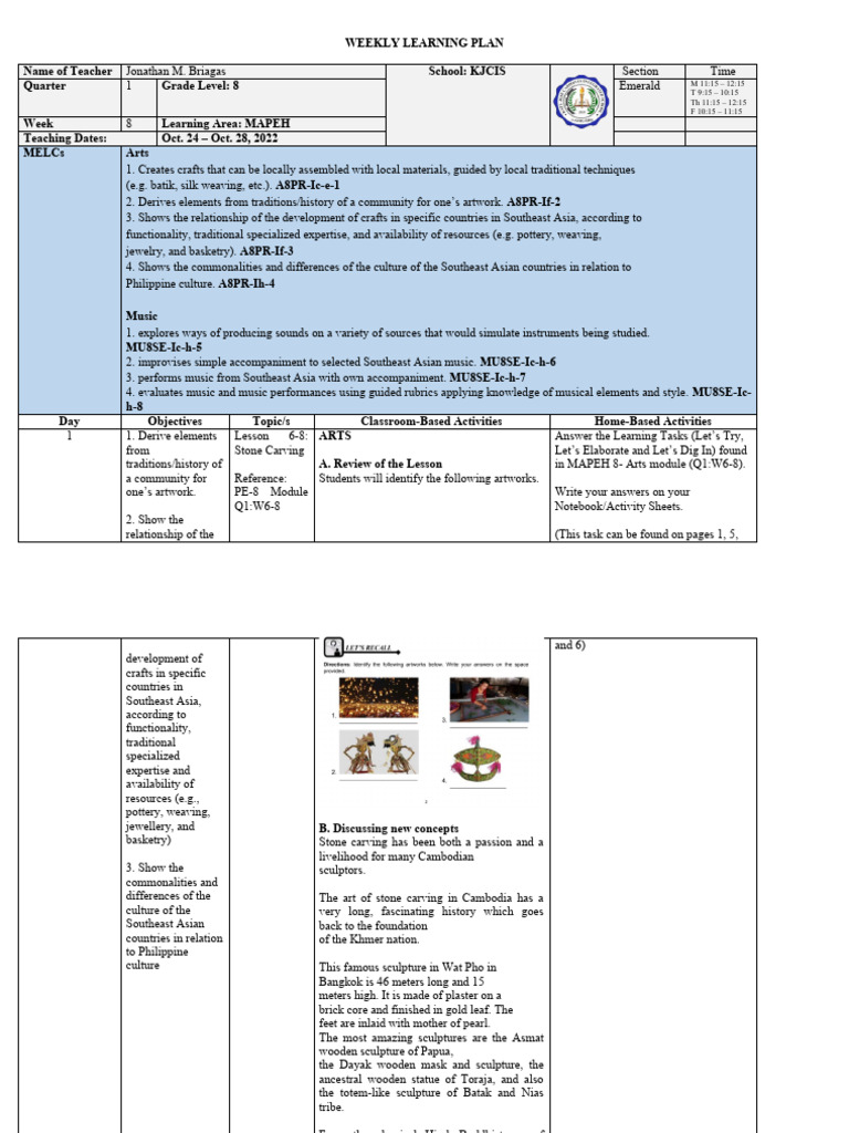Grade 8 MAPEH Weekly Learning Plan | PDF | Sculpture | Musical Instruments