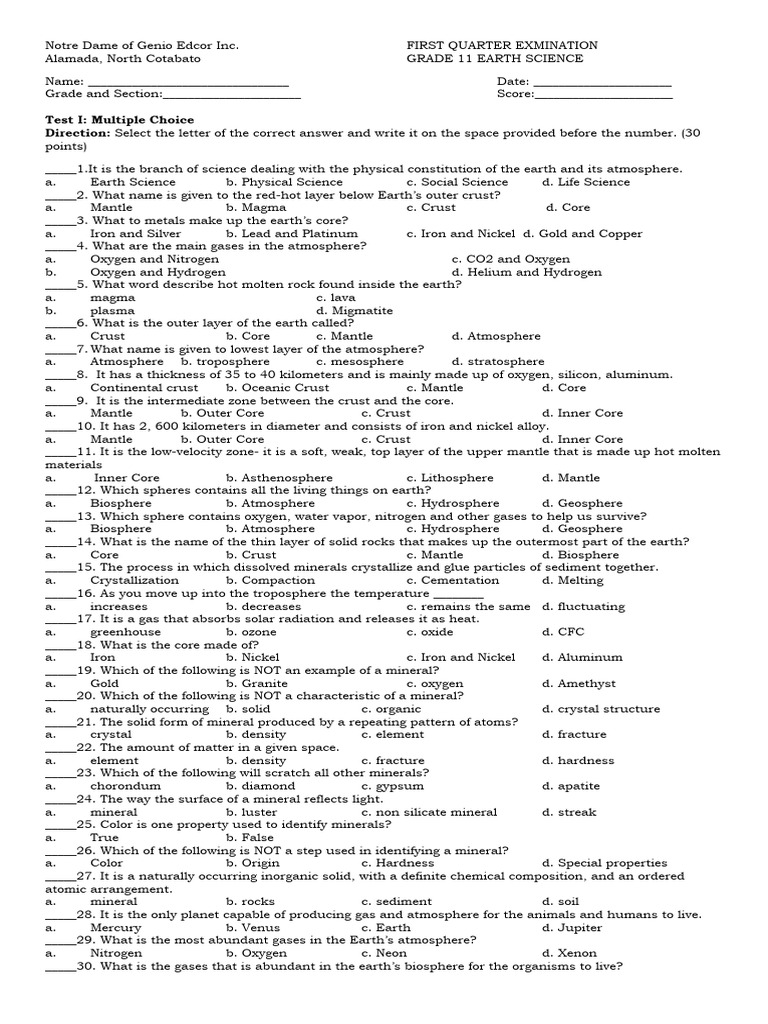 Grade 11 Earth Science Exam | PDF