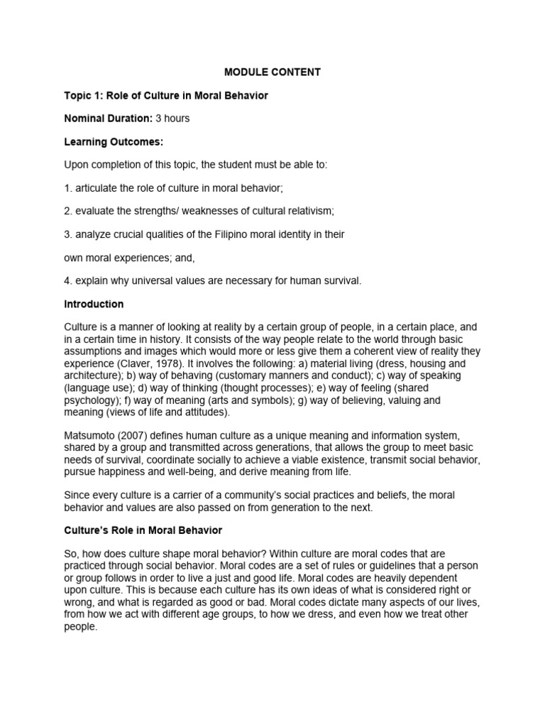 Role of Culture in Moral Behavior | PDF | Morality | Relativism