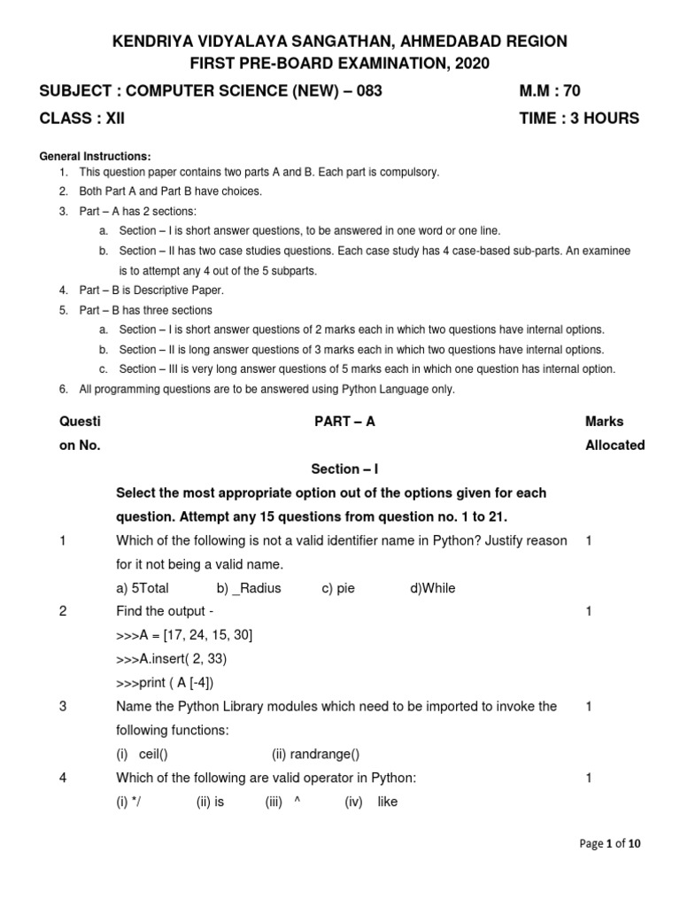 Computer Science Pre-Board Exam 2020 | PDF | Computing | Computer ...