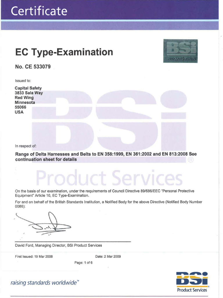 DBI SALA Exofit Derrick Harness CE Certificate PDF