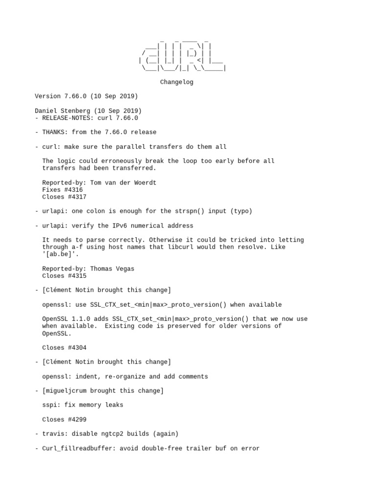 Developer Changelog for curl 7.66.0 | PDF | Software Engineering | Internet