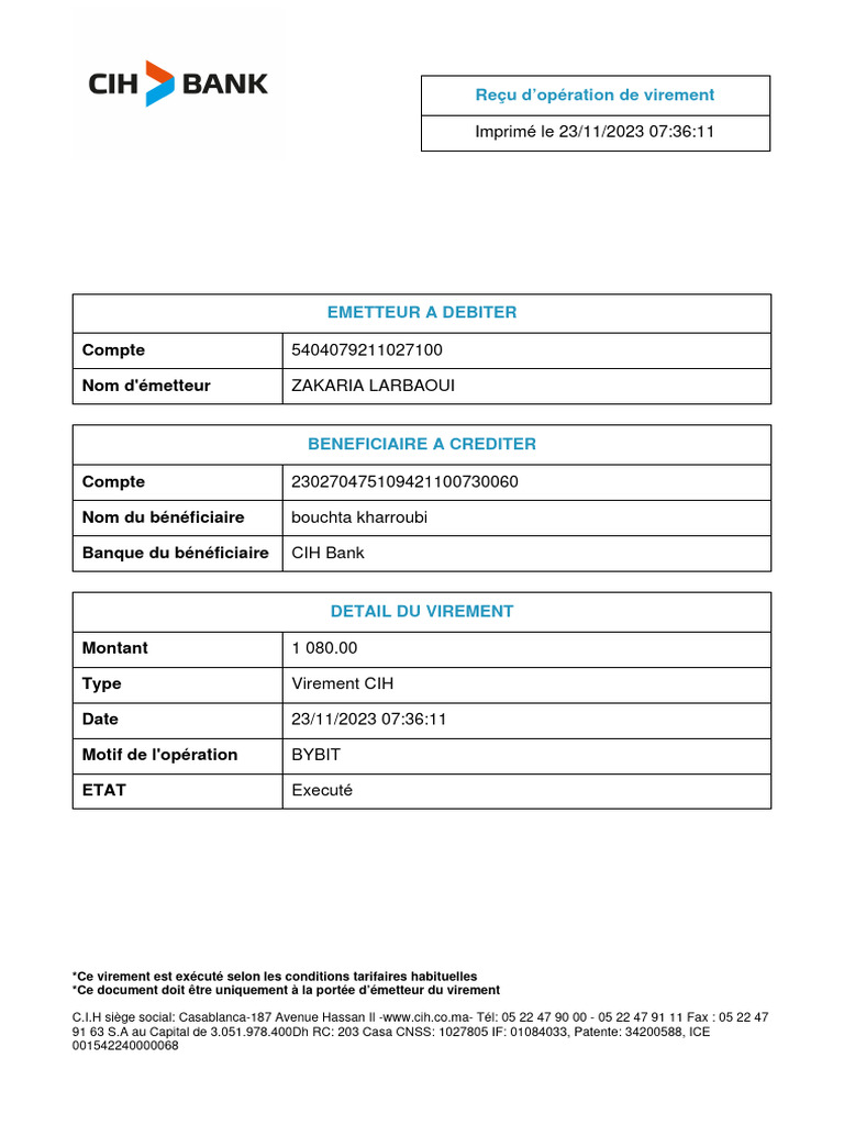 Reçu de virement CIH - 23/11/2023 | PDF