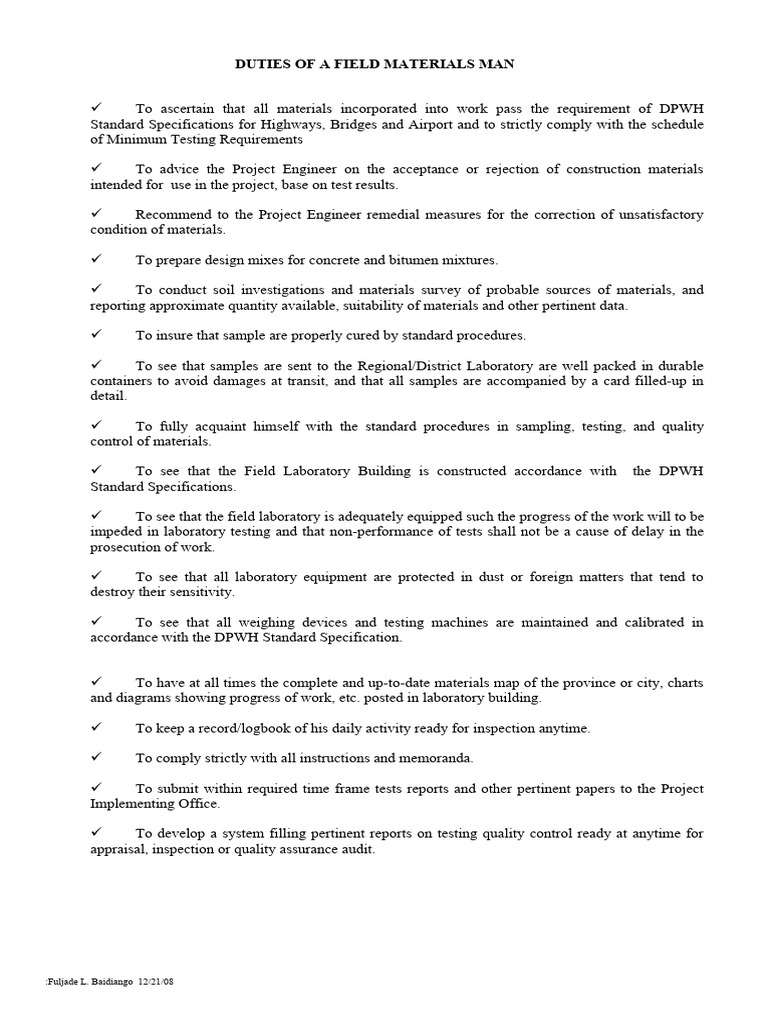Duties of Materials Engineer PDF Laboratories Calibration