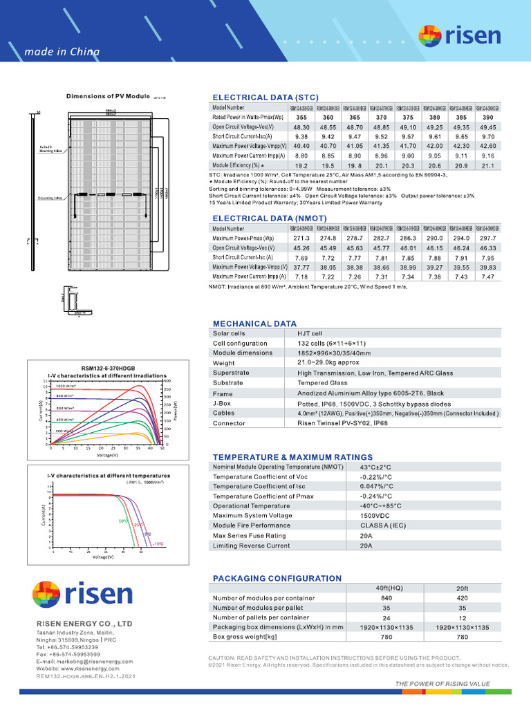 Risen Solar Panels Specifications Overview | PDF | Solar Panel | Solar Cell
