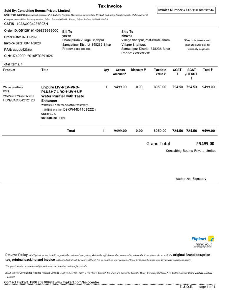 RO Water Purifier Invoice Format | PDF