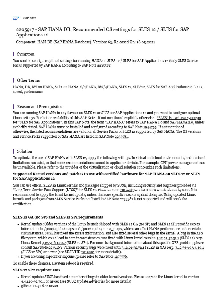 SAP HANA DB Recommended OS Settings For SLES 12 SLES For SAP ...