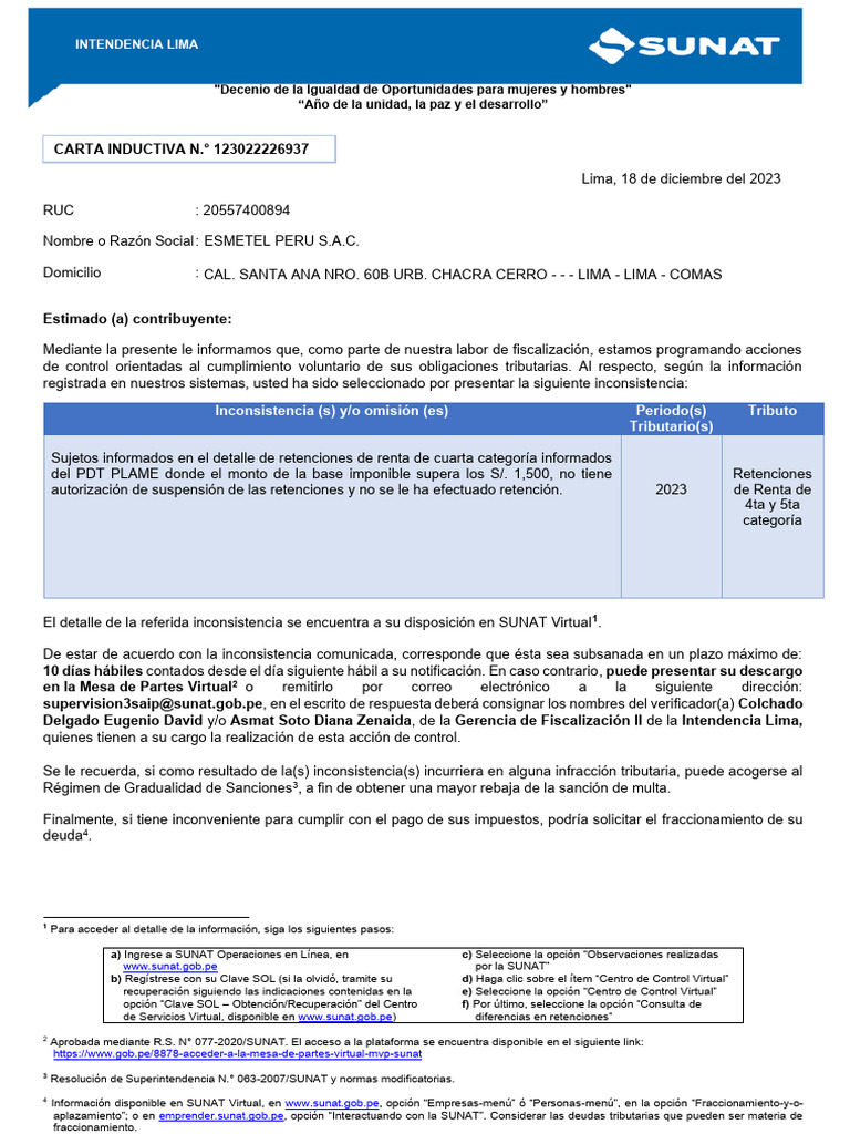 Inconsistencias en Retenciones SUNAT 2023 | PDF | Finanzas y dinero