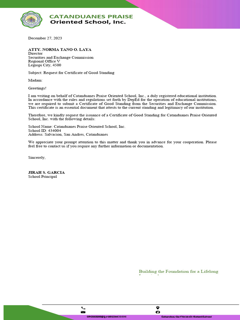 Good Standing Request PDF