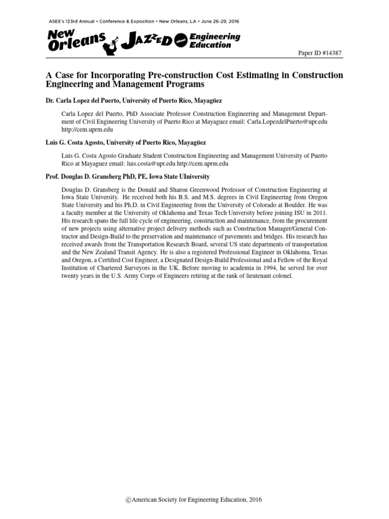 A Case For Incorporating Pre Construction Cost Estimating in ...