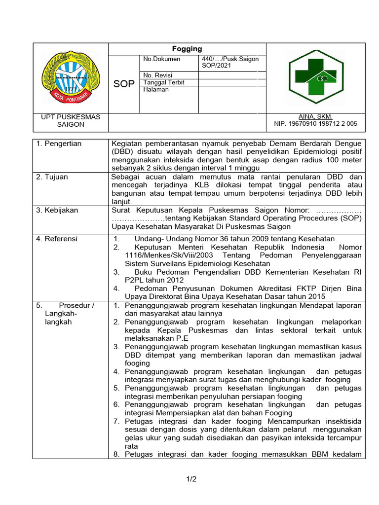 SOP Fogging DBD di Puskesmas Saigon | PDF | Sains & Matematika