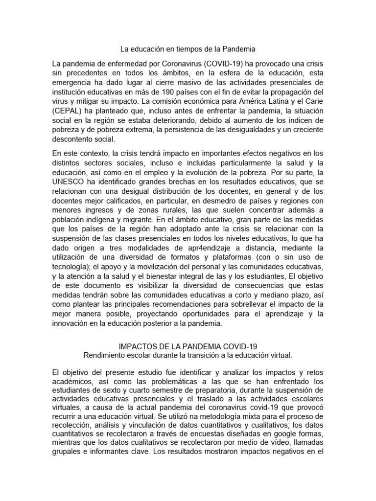 Impacto de la Pandemia en la Educación | PDF | Internet | Pobreza