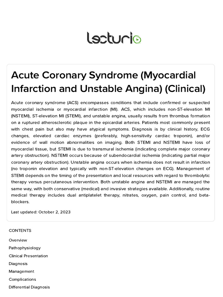 Acute Coronary Syndrome Guide | PDF | Myocardial Infarction | Coronary ...