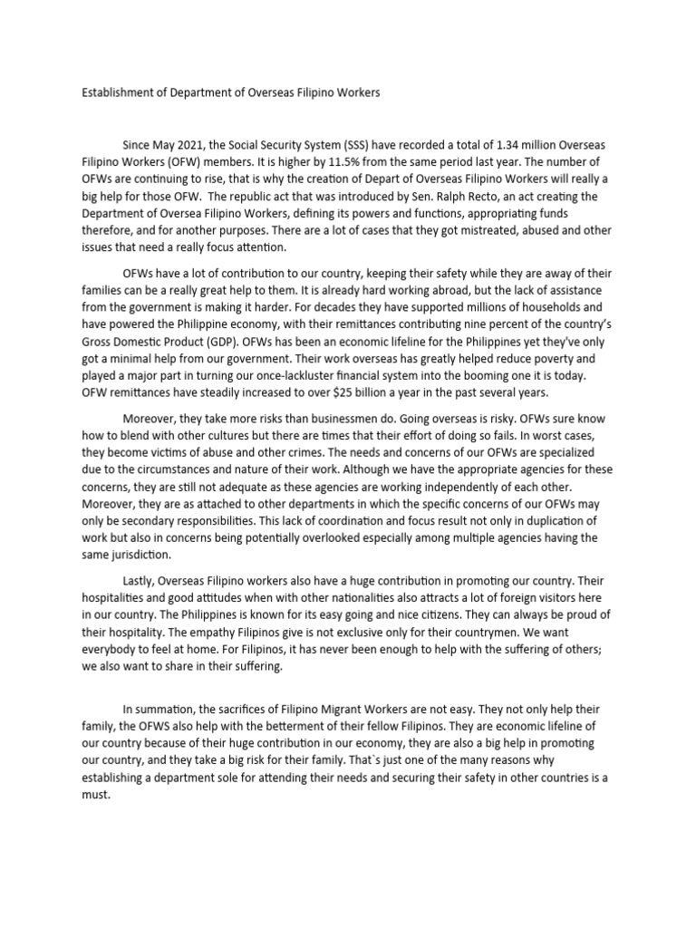 Establishment of Department of Overseas Filipino Workers | PDF ...