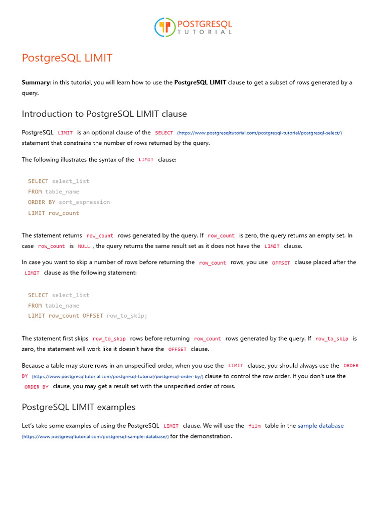6-PostgreSQL LIMIT - Get A Subset of Rows Generated by A Query | PDF ...