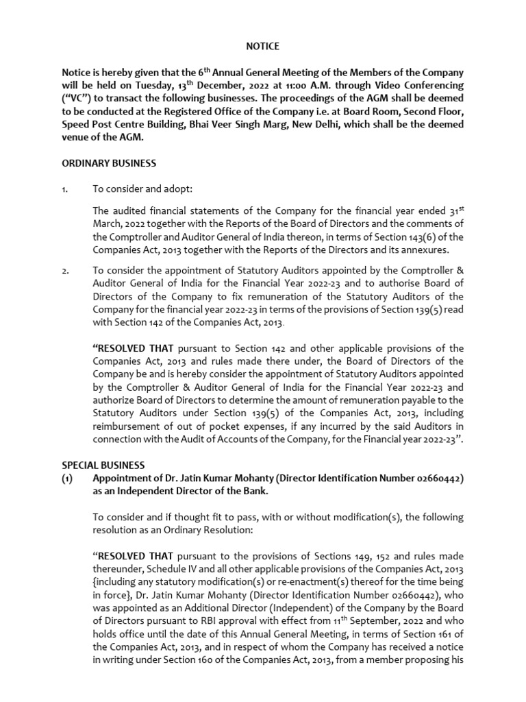 Notice For AGM | PDF | Proxy Voting | Business
