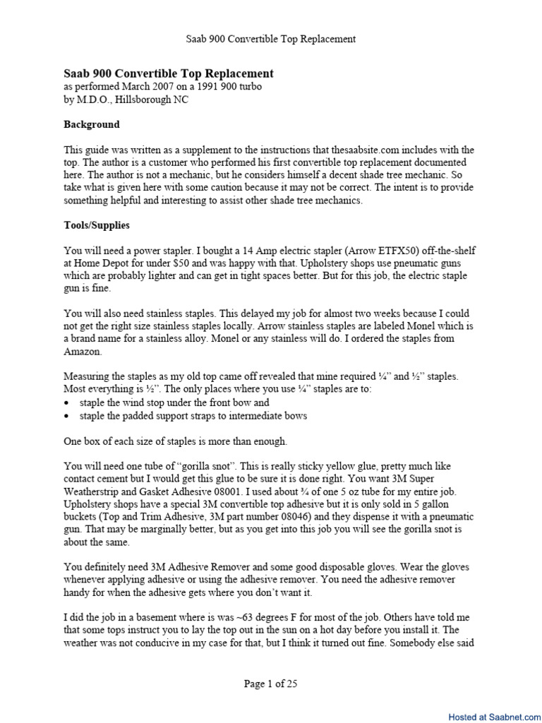 Saab 900 convertible top replacement pdf