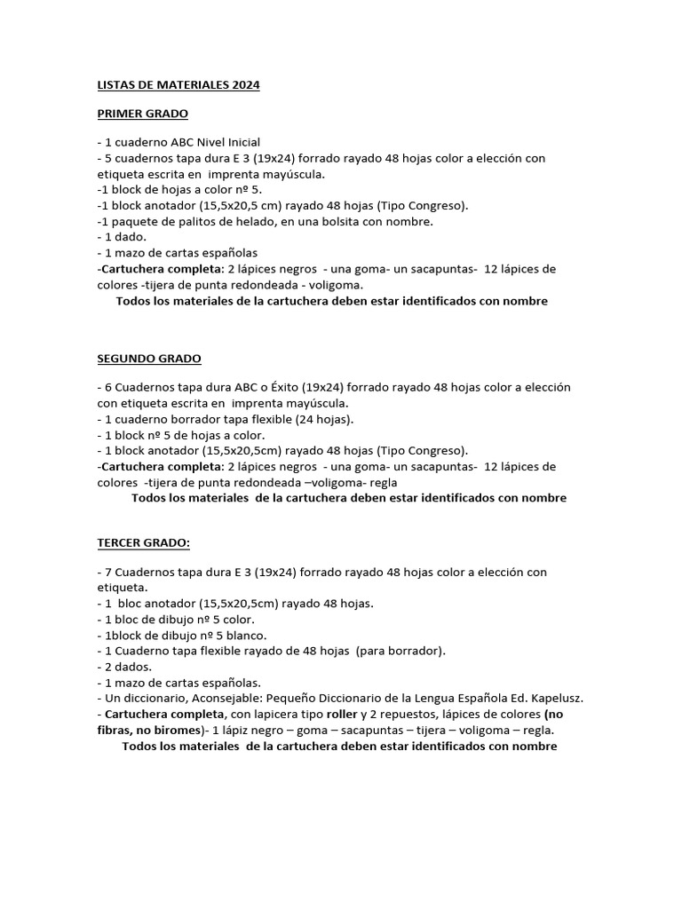 Materiales Escolares 2024 por Grado | PDF