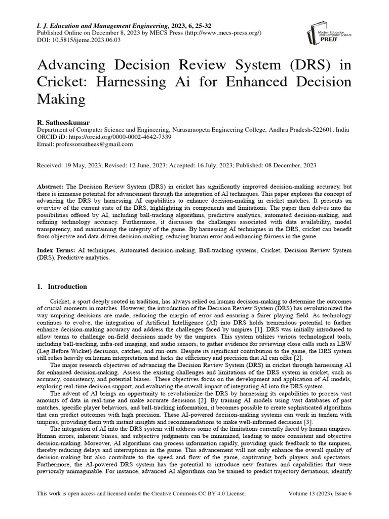 Advancing decision review system drs in cricket harnessing ai for