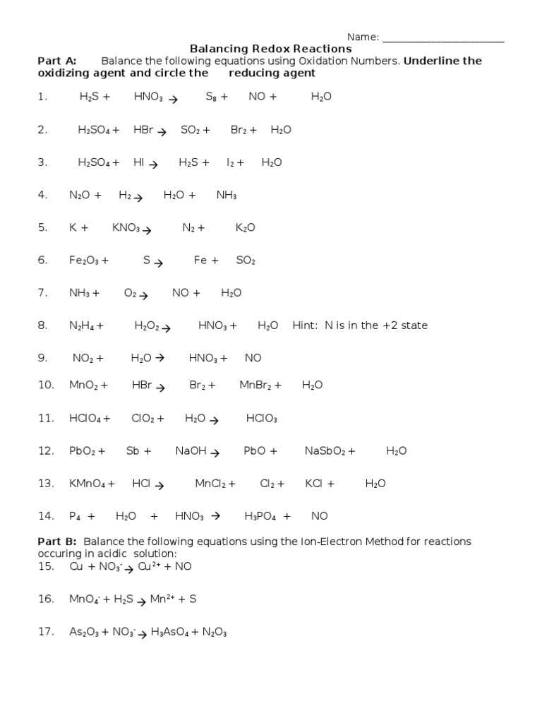 Balancing Redox Reactions Worksheet | PDF | Technology & Engineering