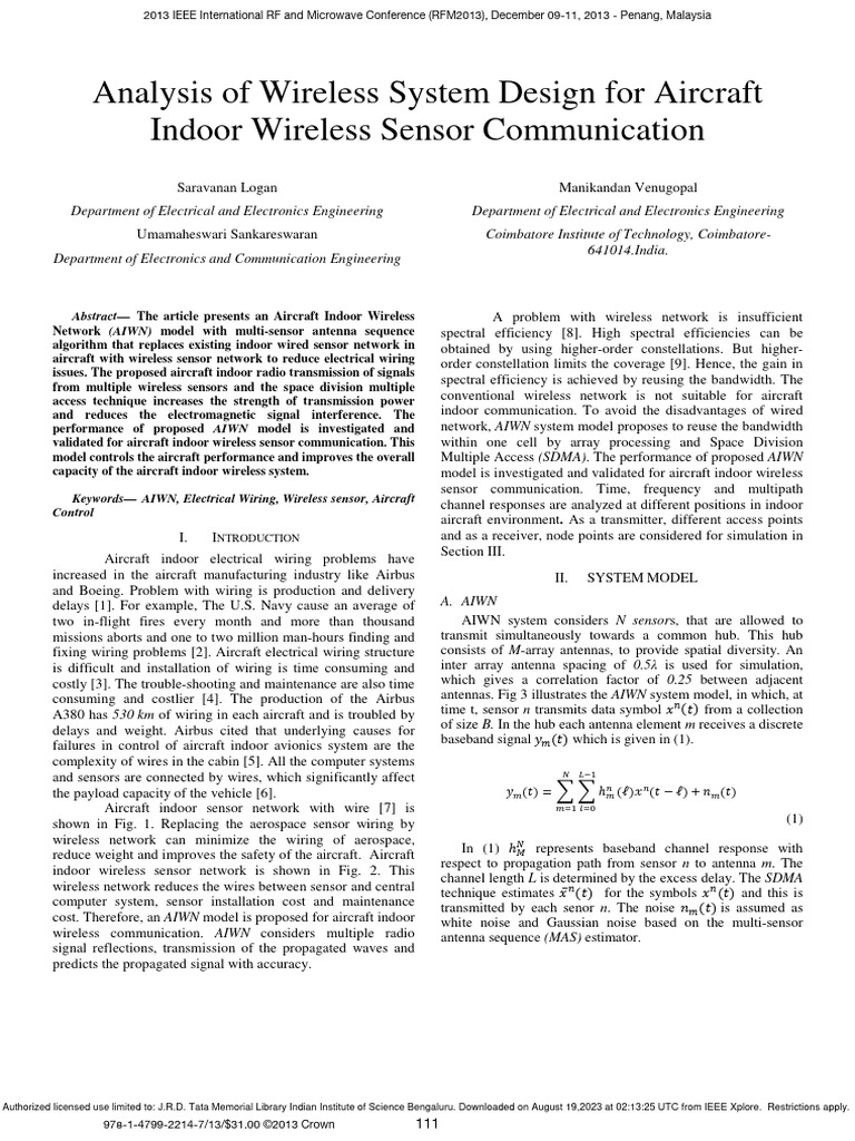 Analysis of wireless system design for aircraft indoor wireless sensor