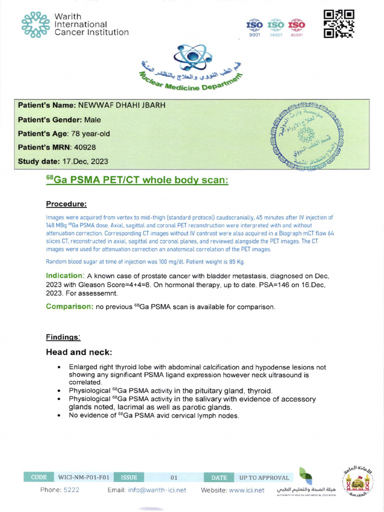 PSMA PET Scan Report for Prostate Cancer | PDF | Ct Scan | Pelvis