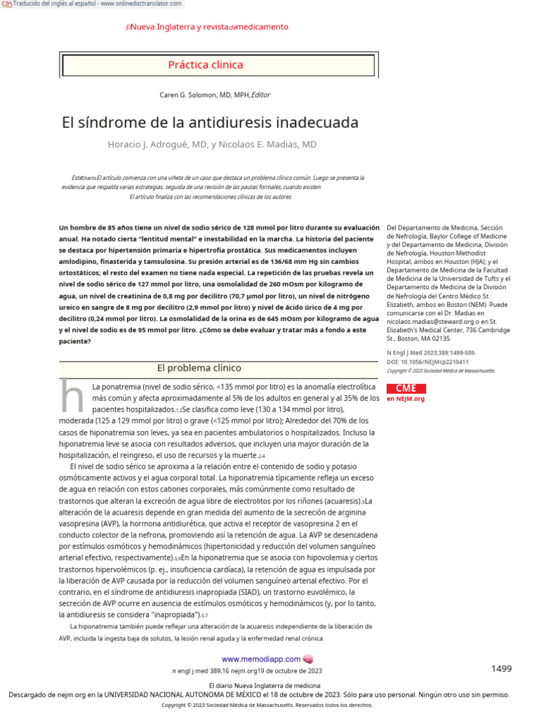 The syndrome of inappropriate antidiuresis nejm 2023 en es pdf