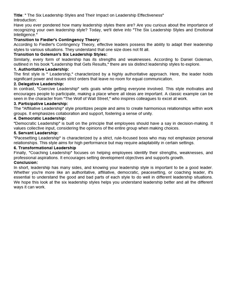 The Six Leadership Styles and Emotional Intelligence | PDF | Leadership ...