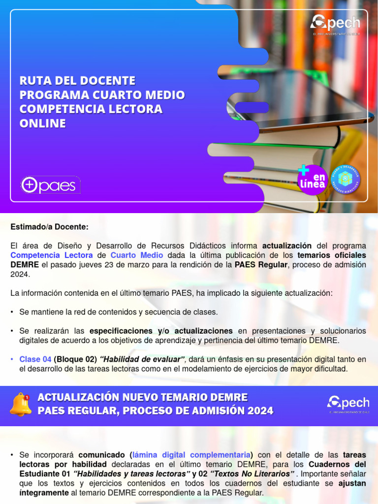 Actualización PAES Competencia Lectora 2024 | PDF | Aprendizaje | Ensayos