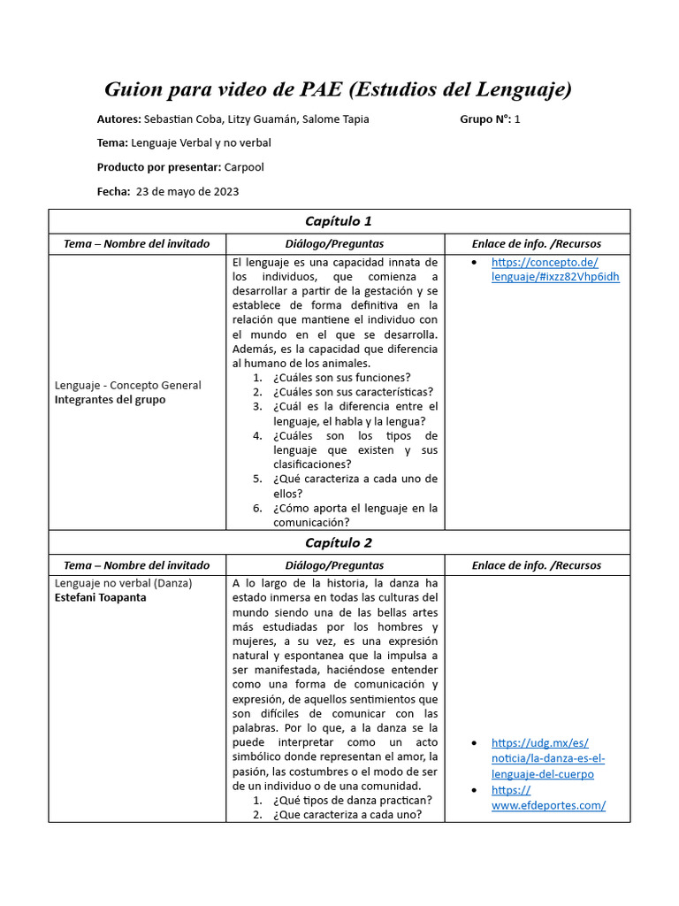 Guion para Video de PAE PDF Bailes Comunicación