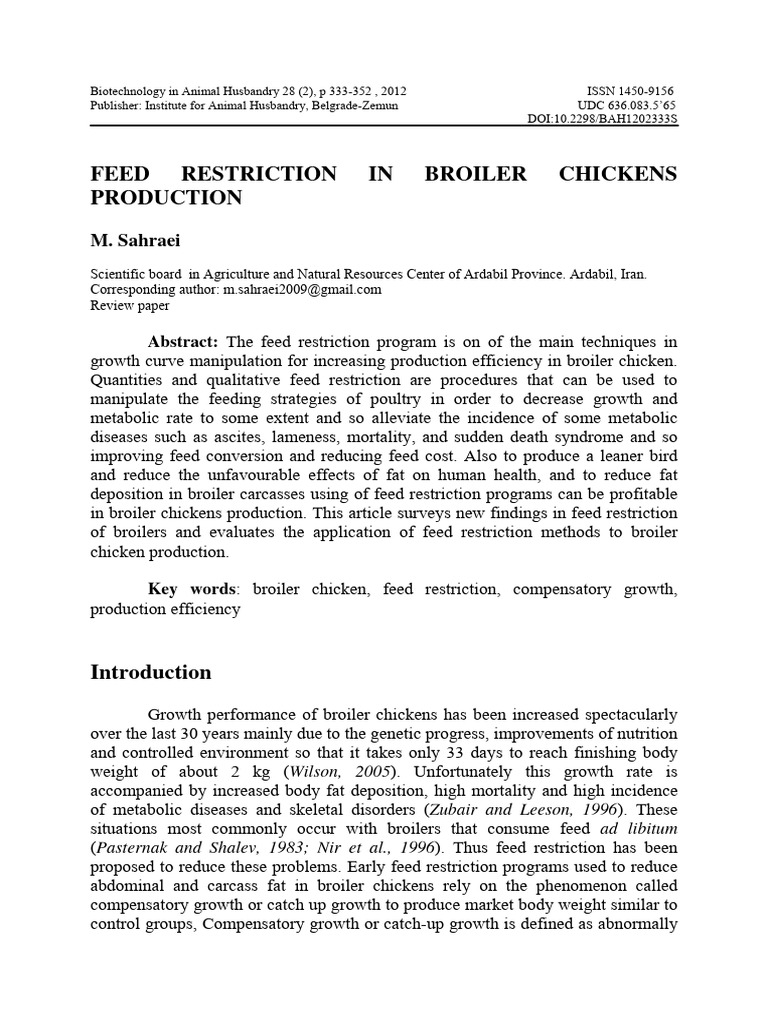 Feed Restriction in Broiler Chickens Production A PDF Broiler Dieting