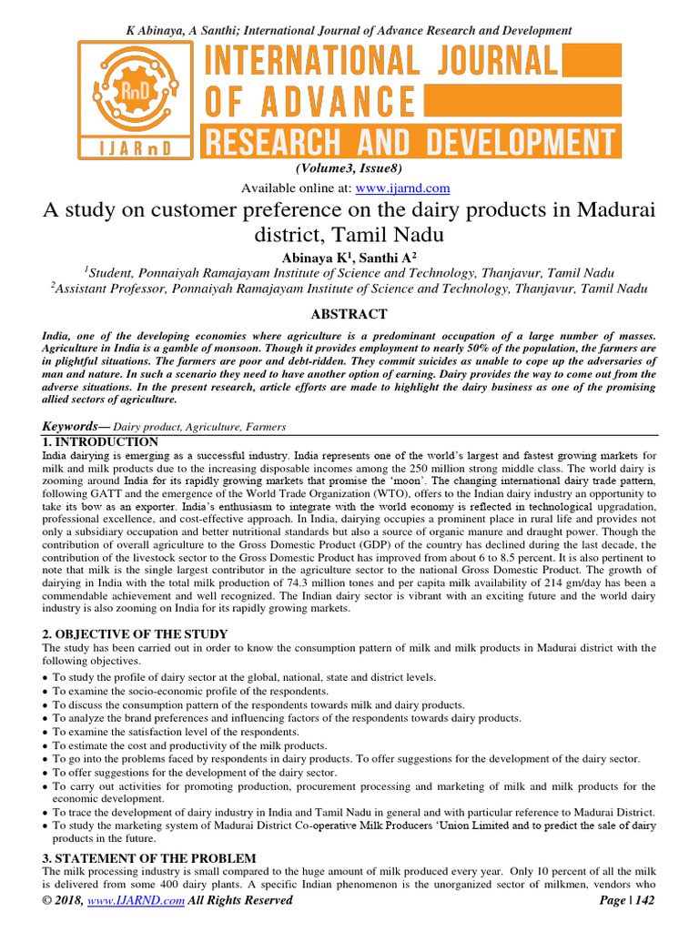 2018 A Study On Customer Preference On The Dairy Products in Madurai