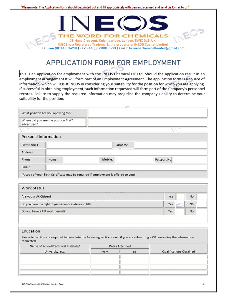 INEOS UK Job Application Form | PDF | Business