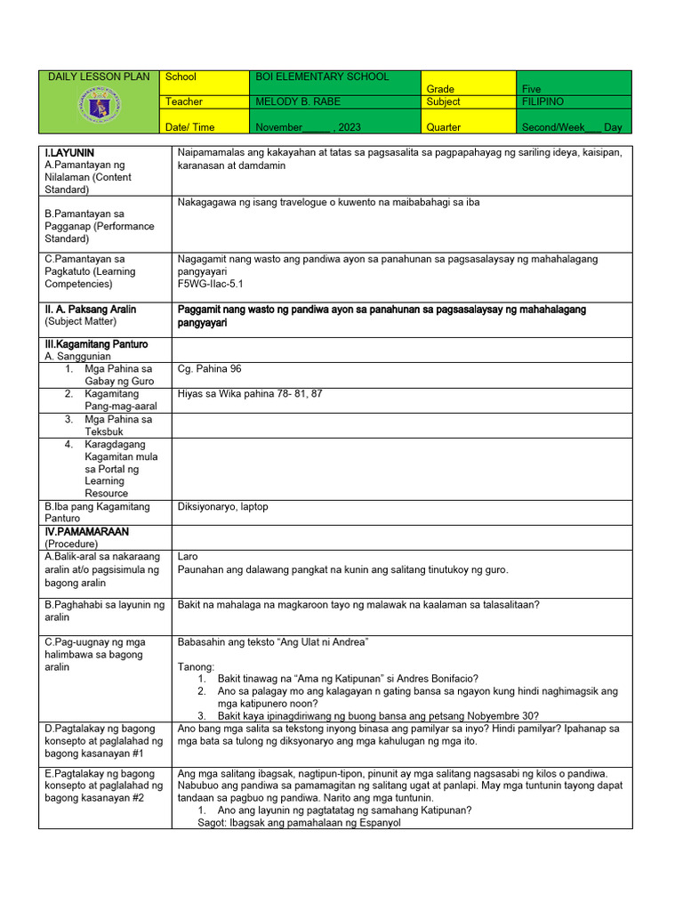 Filipino Week 3 Day 2 Pdf